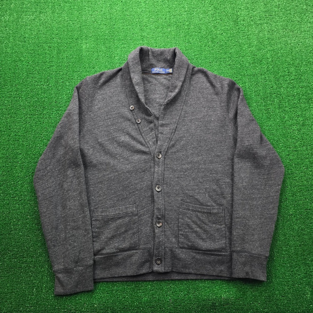 Polo Ralph Lauren Cardigan Sweater Mens Medium Gray Shawl Collar Fisherman
